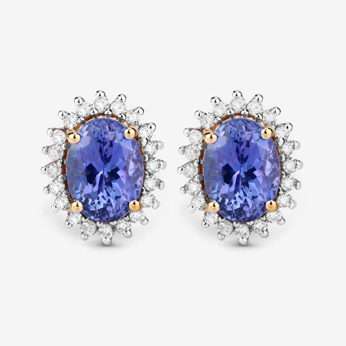 Boucles d'oreilles en tanzanite véritable de 1,71 carat et diamants blancs en or jaune 14K