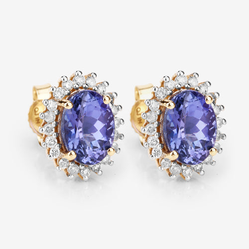 Boucles d'oreilles en tanzanite véritable de 1,71 carat et diamants blancs en or jaune 14K