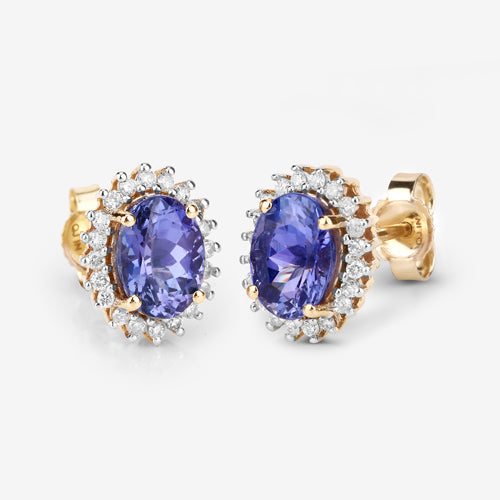 Boucles d'oreilles en tanzanite véritable de 1,71 carat et diamants blancs en or jaune 14K