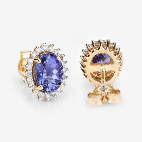 Boucles d'oreilles en tanzanite véritable de 1,71 carat et diamants blancs en or jaune 14K