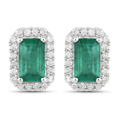 Pendientes de Esmeralda Zambiana y Diamante de 0.91 Quilates en Oro Blanco de 14K