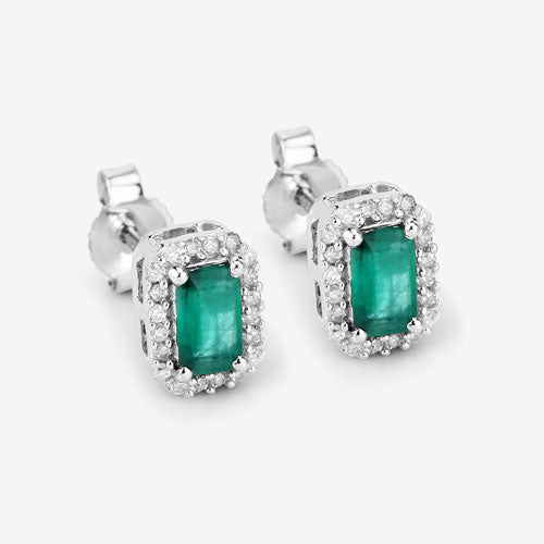 Pendientes de Esmeralda Zambiana y Diamante de 0.91 Quilates en Oro Blanco de 14K