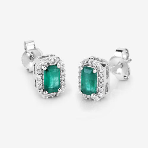 Pendientes de Esmeralda Zambiana y Diamante de 0.91 Quilates en Oro Blanco de 14K