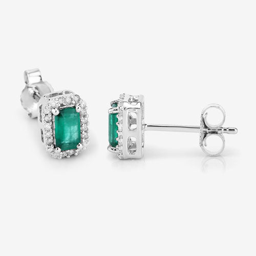 Pendientes de Esmeralda Zambiana y Diamante de 0.91 Quilates en Oro Blanco de 14K