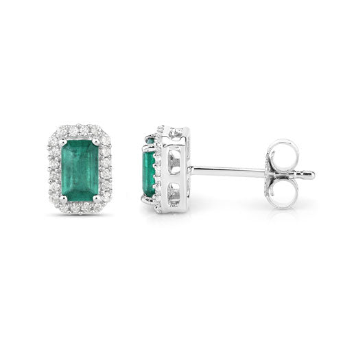 Pendientes de Esmeralda Zambiana y Diamante de 0.91 Quilates en Oro Blanco de 14K