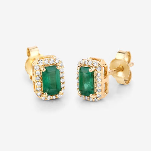 0.91 Carat Genuine Zambian Emerald and Diamond 14K Gold Earrings