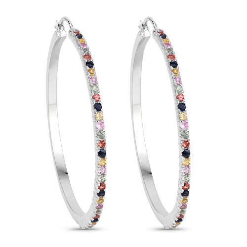 2.24 Carat Multi Sapphire .925 Sterling Silver Hoop Earrings