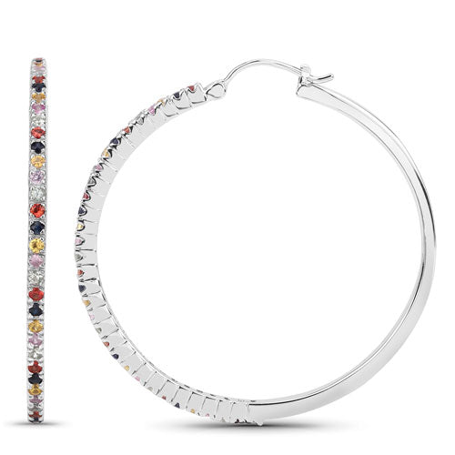 2.24 Carat Multi Sapphire .925 Sterling Silver Hoop Earrings