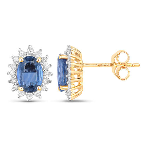 Pendientes de Zafiro Azul y Diamante de 2.22 Quilates en Oro Amarillo de 14K