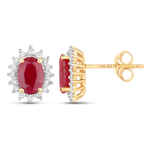 Pendientes de Rubí y Diamante Blanco de 2.02 Quilates en Oro Amarillo de 14K