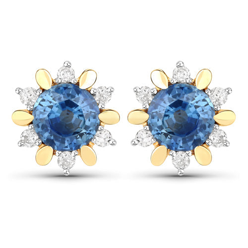 Pendientes de oro de 14K con zafiros azules genuinos y diamantes de 1.87 quilates