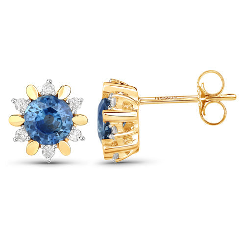 Pendientes de oro de 14K con zafiros azules genuinos y diamantes de 1.87 quilates
