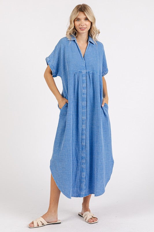 Robe Midi Boutonnée V-Neck à Lavage Minéral