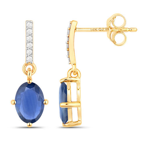 1.95 Carat Blue Sapphire and Diamond 14K Yellow Gold Earrings