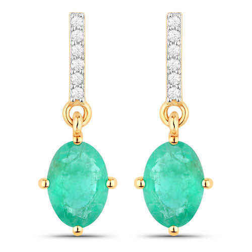 Boucles d'oreilles en or jaune 10K avec émeraude zambienne et diamant de 1,49 carat
