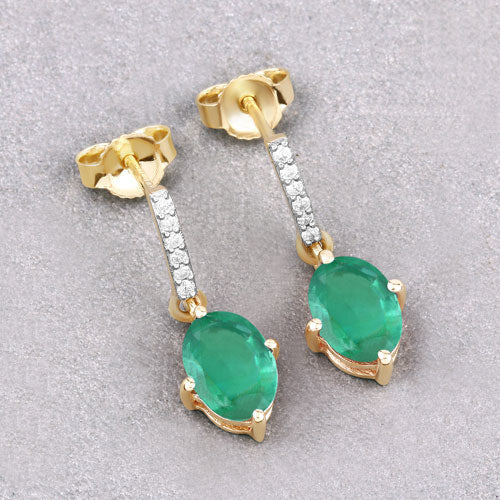 Boucles d'oreilles en or jaune 10K avec émeraude zambienne et diamant de 1,49 carat