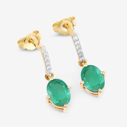 Boucles d'oreilles en or jaune 10K avec émeraude zambienne et diamant de 1,49 carat