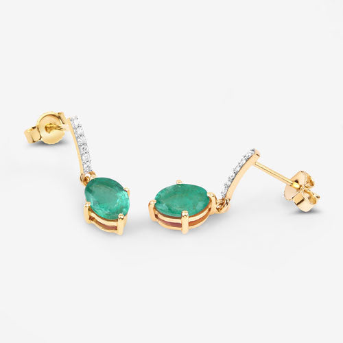 Boucles d'oreilles en or jaune 10K avec émeraude zambienne et diamant de 1,49 carat