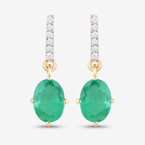 Boucles d'oreilles en or jaune 10K avec émeraude zambienne et diamant de 1,49 carat