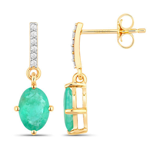 Boucles d'oreilles en or jaune 10K avec émeraude zambienne et diamant de 1,49 carat