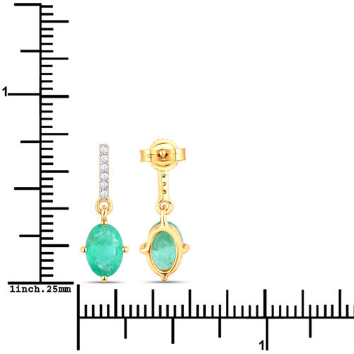 Boucles d'oreilles en or jaune 10K avec émeraude zambienne et diamant de 1,49 carat