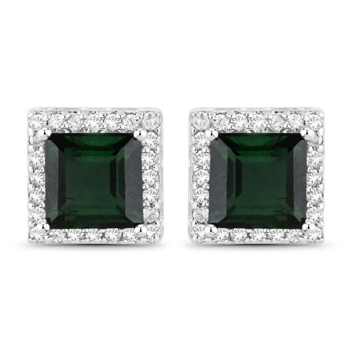 1.55 Carat Genuine Green Tourmaline and White Diamond Earrings