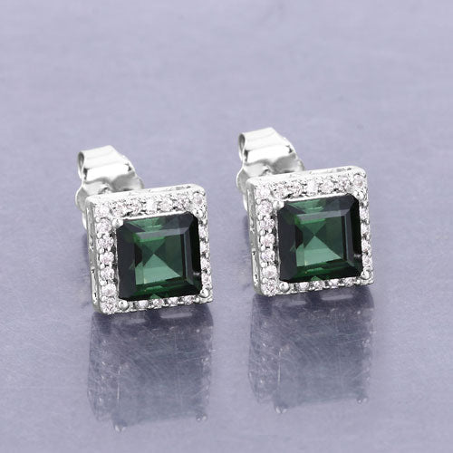1.55 Carat Genuine Green Tourmaline and White Diamond Earrings