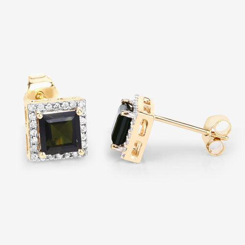 1.55 Carat Genuine Green Tourmaline and White Diamond Earrings