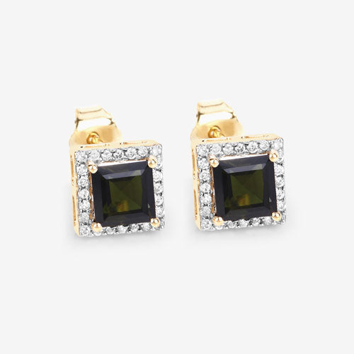 1.55 Carat Genuine Green Tourmaline and White Diamond Earrings