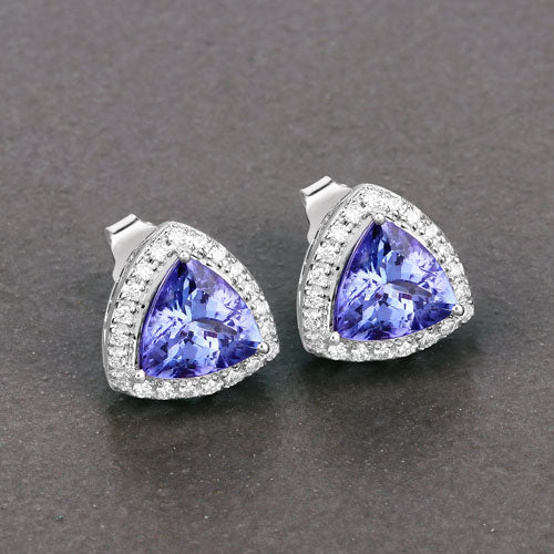 3.82 Carat Genuine Tanzanite and White Diamond Earrings in 14K White Gold