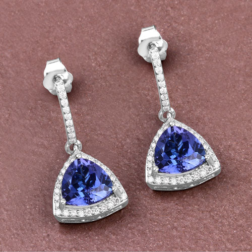 3.86 Carat Genuine Tanzanite and White Diamond Earrings in 14K White Gold