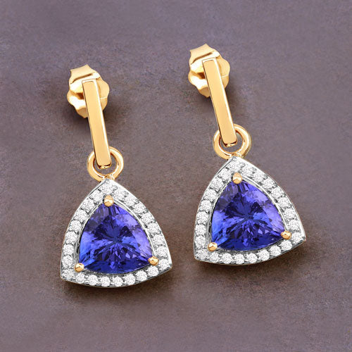 3.86 Carat Genuine Tanzanite and Diamond 14K Yellow Gold Earrings