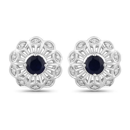 Boucles d'oreilles en saphir bleu et diamant de 0,60 carat en or blanc 14K