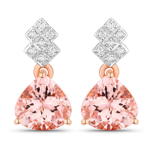 Boucles d'oreilles en morganite véritable de 3,31 carats et diamants blancs en or rose 14K