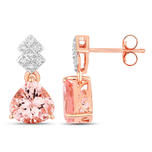 Boucles d'oreilles en morganite véritable de 3,31 carats et diamants blancs en or rose 14K