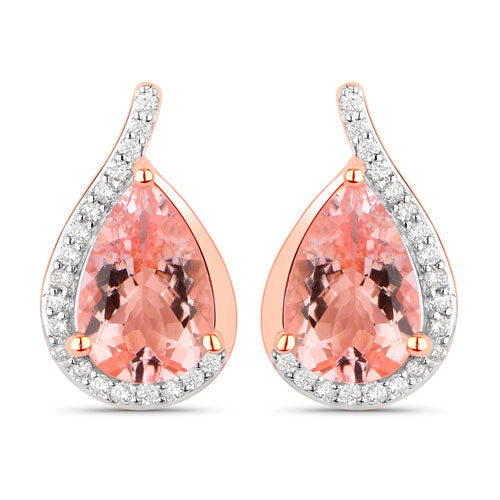 Boucles d'oreilles en morganite véritable de 2,43 carats et diamants blancs en or rose 14K