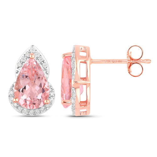 Boucles d'oreilles en or rose 14K avec morganite véritable de 2,37 carats et diamants blancs