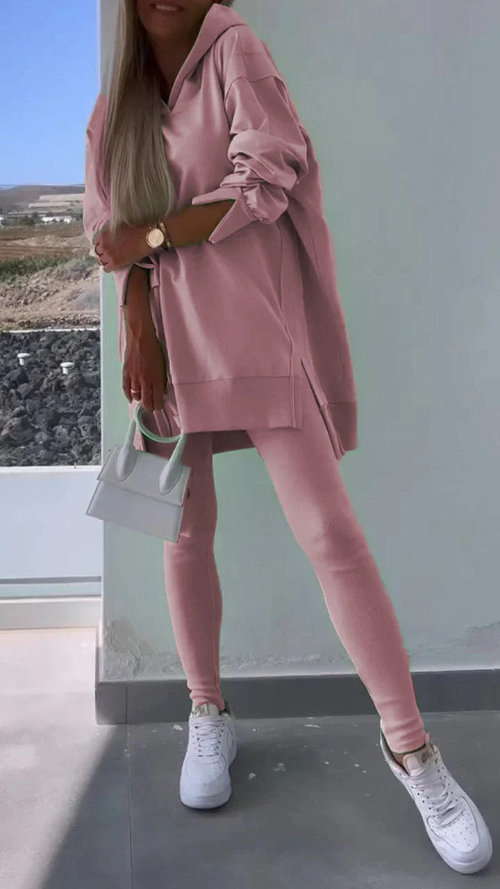 Women's Sports Casual Slit Hooded Sweatshirt Tights Set