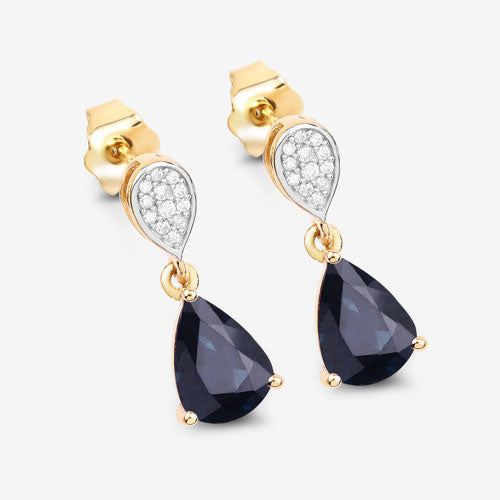2.76 Carat Genuine Blue Sapphire and Diamond 10K Yellow Gold Earrings