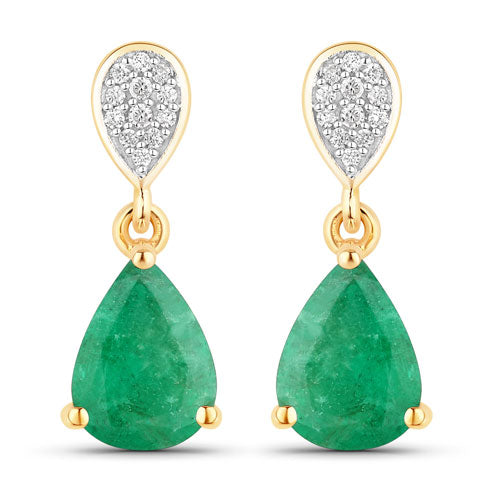 2.28 Carat Genuine Zambian Emerald and Diamond 10K Yellow Gold Earrings