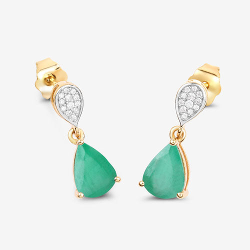 2.28 Carat Genuine Zambian Emerald and Diamond 10K Yellow Gold Earrings