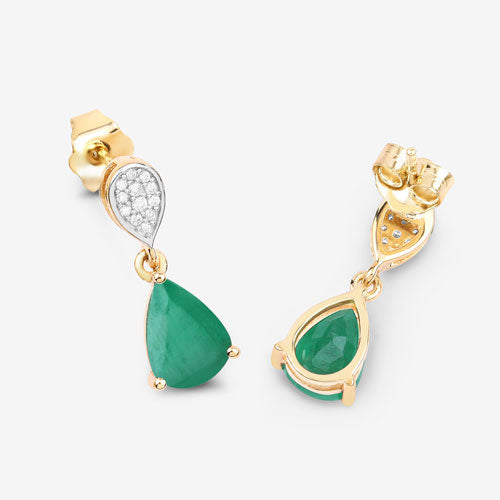 2.28 Carat Genuine Zambian Emerald and Diamond 10K Yellow Gold Earrings