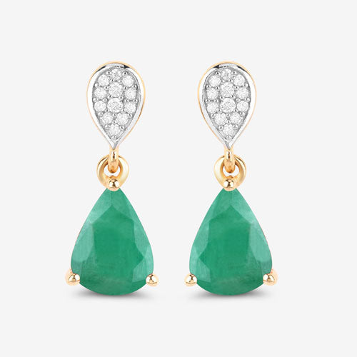 2.28 Carat Genuine Zambian Emerald and Diamond 10K Yellow Gold Earrings