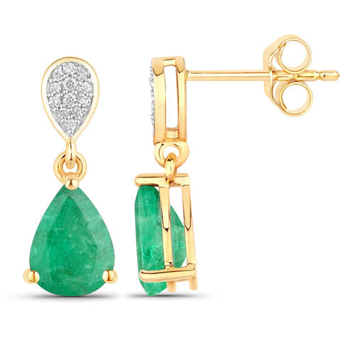 2.28 Carat Genuine Zambian Emerald and Diamond 10K Yellow Gold Earrings