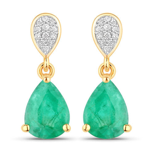 Boucles d'oreilles en or jaune 14K avec émeraudes et diamants zambiens de 2,28 carats