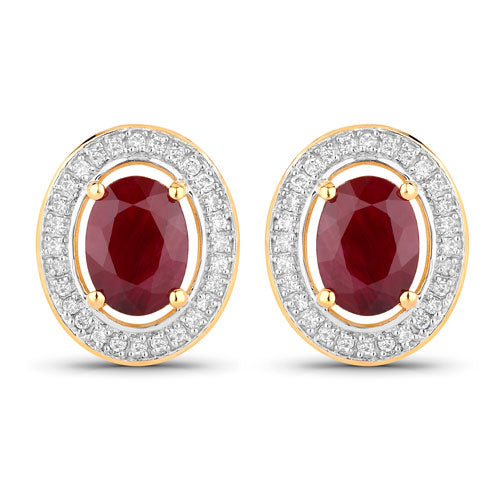 2.12 Carat Genuine Ruby and Diamond Halo Earrings in 14K Gold