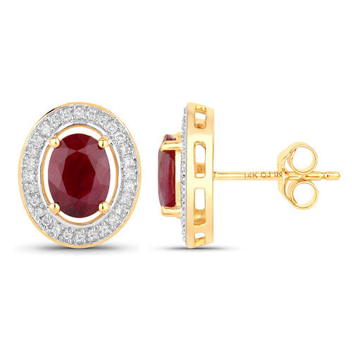2.12 Carat Genuine Ruby and Diamond Halo Earrings in 14K Gold