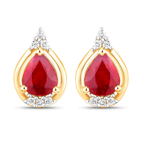 Boucles d'oreilles en or jaune 14K avec rubis et diamants blancs de 1,36 carat