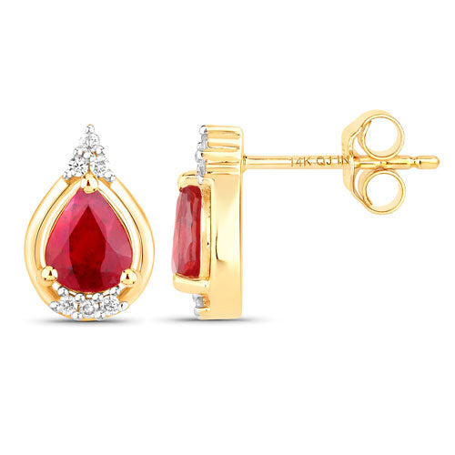Boucles d'oreilles en or jaune 14K avec rubis et diamants blancs de 1,36 carat