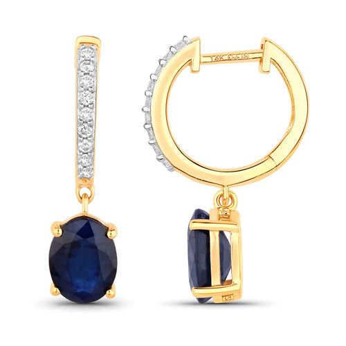 3.24 Carat Blue Sapphire & Diamond 14K Yellow Gold Earrings
